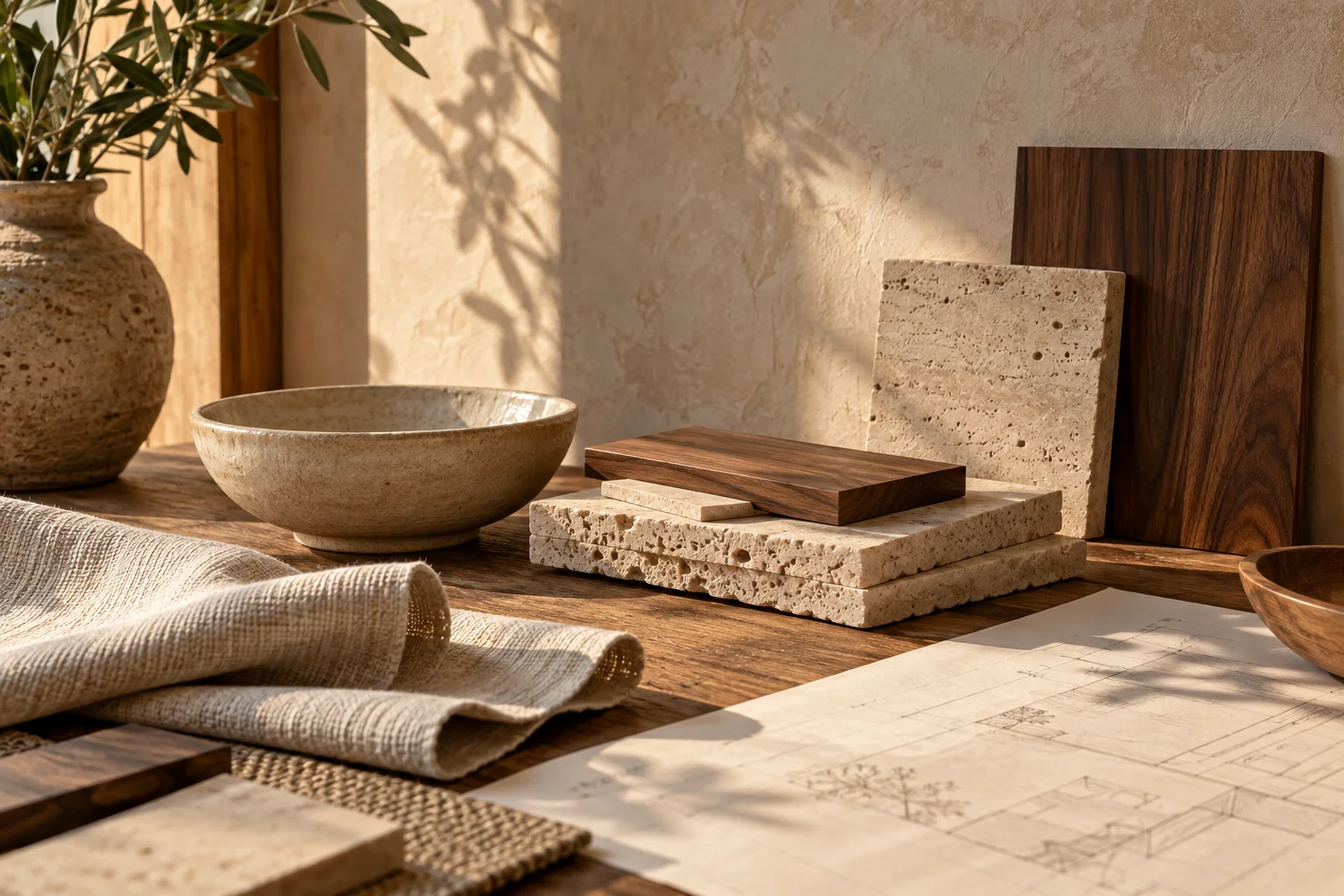 Natural stone, walnut and linen material palette